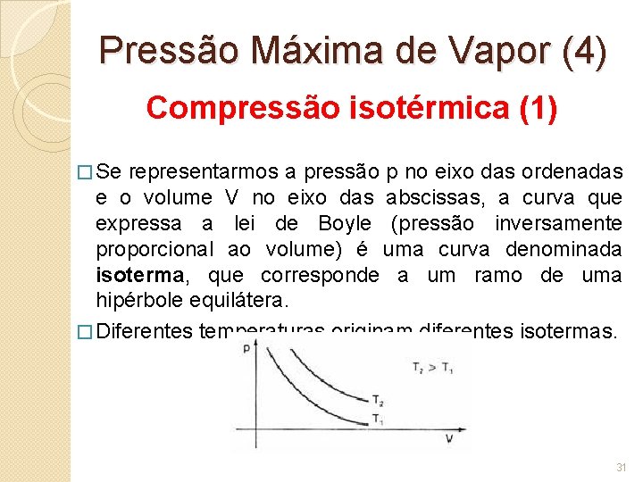 Pressão Máxima de Vapor (4) Compressão isotérmica (1) � Se representarmos a pressão p