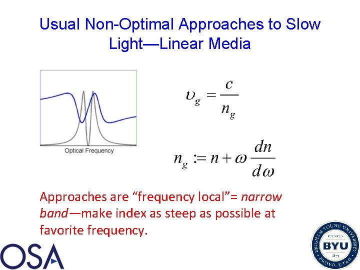 Usual Non-Optimal Approaches to Slow Light—Linear Media Approaches are “frequency local”= narrow band—make index