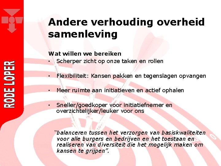 Andere verhouding overheid samenleving Wat willen we bereiken • Scherper zicht op onze taken