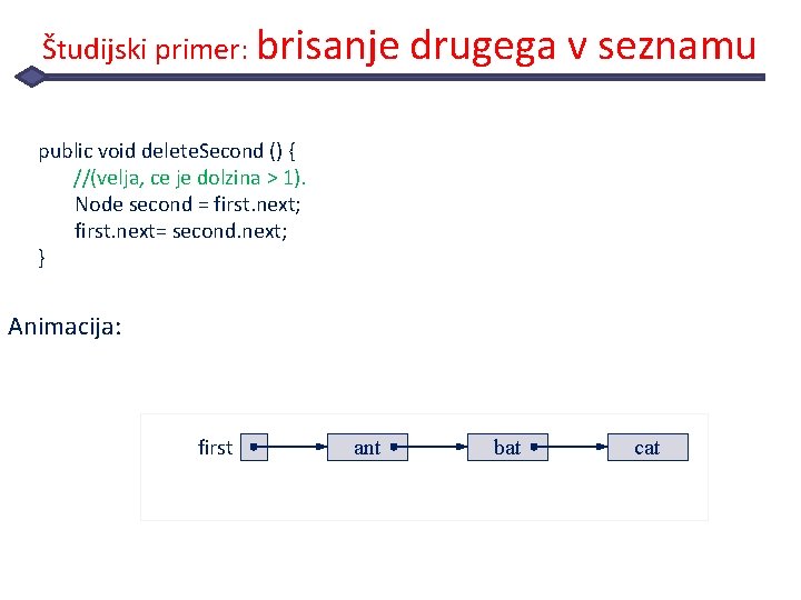 Študijski primer: brisanje drugega v seznamu public void delete. Second () { //(velja, ce