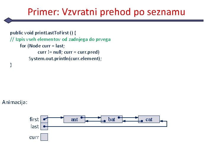 Primer: Vzvratni prehod po seznamu public void print. Last. To. First () { //