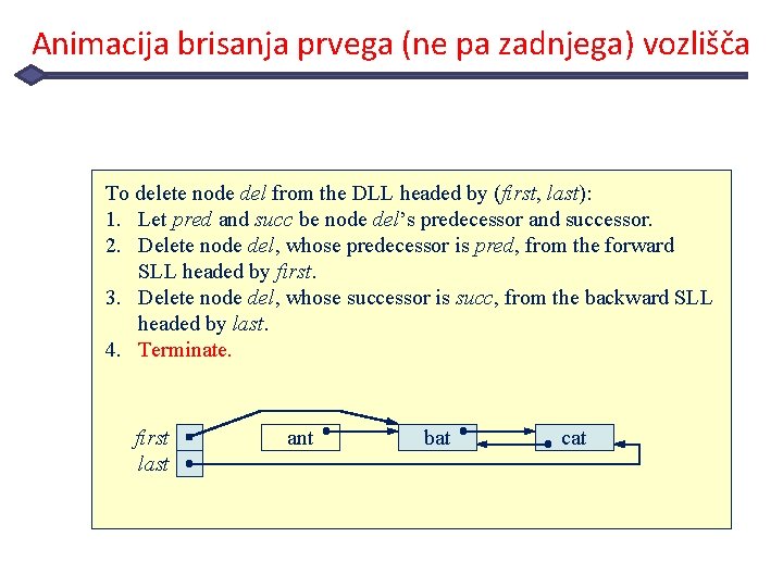 Animacija brisanja prvega (ne pa zadnjega) vozlišča To delete node del from the DLL