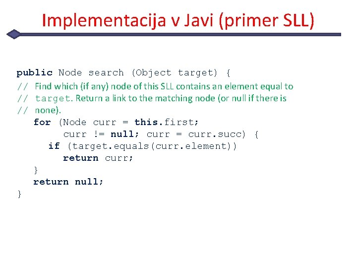 Implementacija v Javi (primer SLL) public Node search (Object target) { // Find which