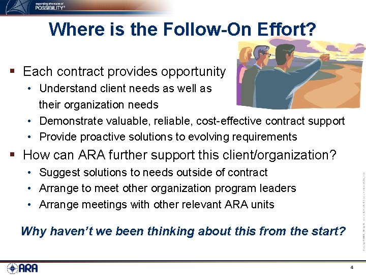 Where is the Follow-On Effort? § Each contract provides opportunity • Understand client needs