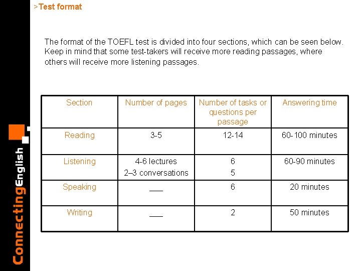 >Test format The format of the TOEFL test is divided into four sections, which