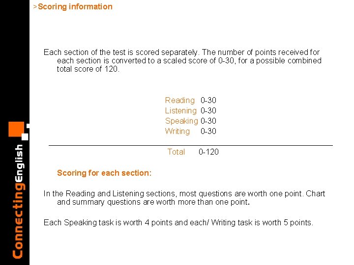 >Scoring information Each section of the test is scored separately. The number of points