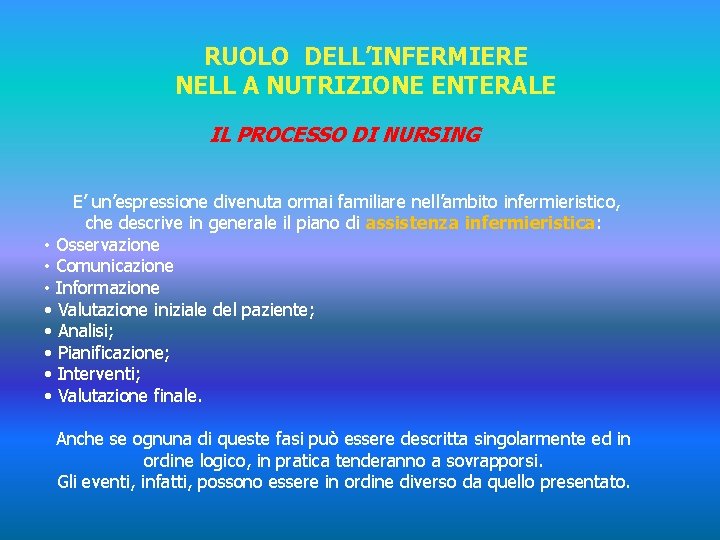 RUOLO DELL’INFERMIERE NELL A NUTRIZIONE ENTERALE IL PROCESSO DI NURSING E’ un’espressione divenuta ormai