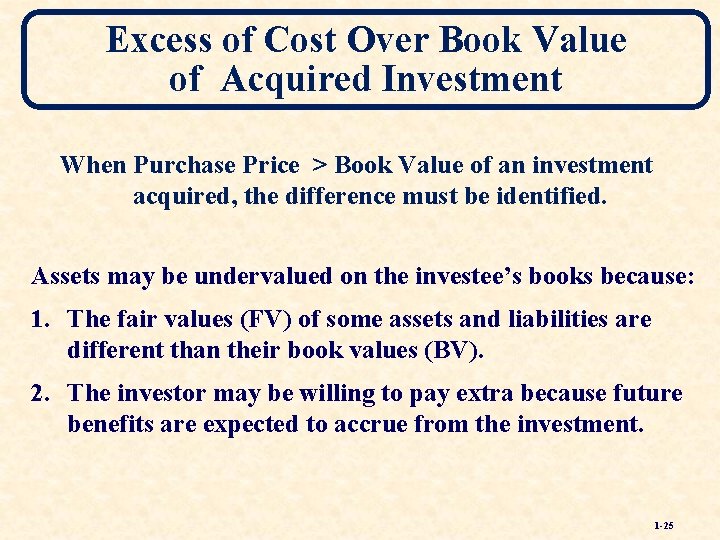 Excess of Cost Over Book Value of Acquired Investment When Purchase Price > Book