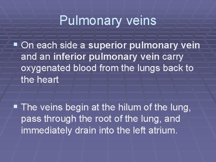 Pulmonary veins § On each side a superior pulmonary vein and an inferior pulmonary