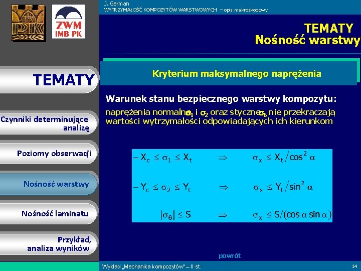 J. German WYTRZYMAŁOŚĆ KOMPOZYTÓW WARSTWOWYCH – opis makroskopowy TEMATY Nośność warstwy TEMATY Kryterium maksymalnego