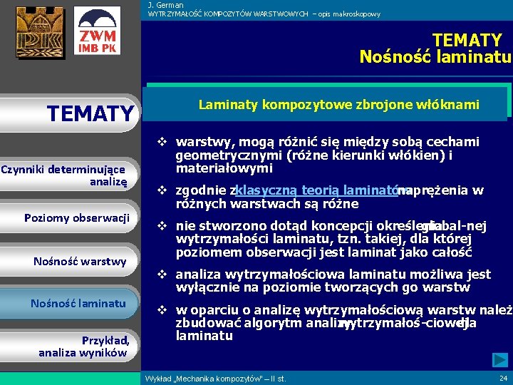 J. German WYTRZYMAŁOŚĆ KOMPOZYTÓW WARSTWOWYCH – opis makroskopowy TEMATY Nośność laminatu TEMATY Czynniki determinujące