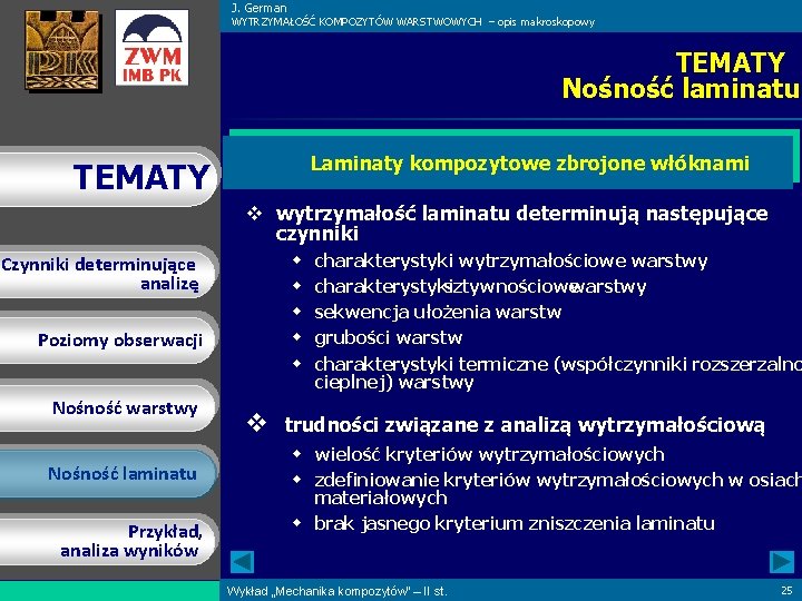 J. German WYTRZYMAŁOŚĆ KOMPOZYTÓW WARSTWOWYCH – opis makroskopowy TEMATY Nośność laminatu Laminaty kompozytowe zbrojone