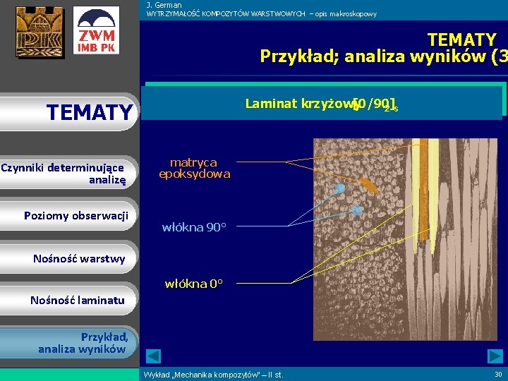 J. German WYTRZYMAŁOŚĆ KOMPOZYTÓW WARSTWOWYCH – opis makroskopowy TEMATY Przykład; analiza wyników (3 Laminat