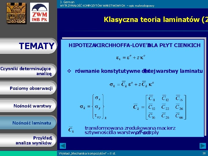 J. German WYTRZYMAŁOŚĆ KOMPOZYTÓW WARSTWOWYCH – opis makroskopowy Klasyczna teoria laminatów (2 TEMATY Czynniki