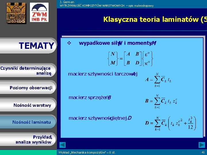 J. German WYTRZYMAŁOŚĆ KOMPOZYTÓW WARSTWOWYCH – opis makroskopowy Klasyczna teoria laminatów (5 TEMATY Czynniki