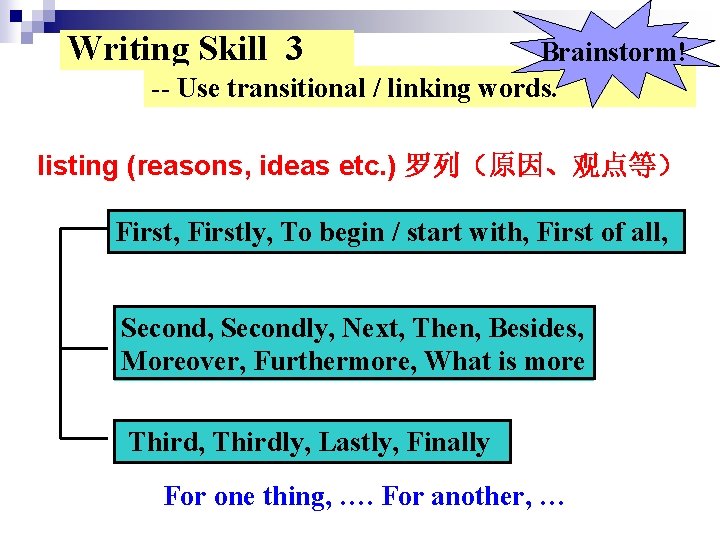 Writing Skill 3 Brainstorm! -- Use transitional / linking words. listing (reasons, ideas etc.