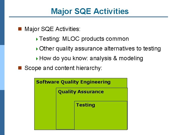 Major SQE Activities n Major SQE Activities: 4 Testing: 4 Other 4 How MLOC