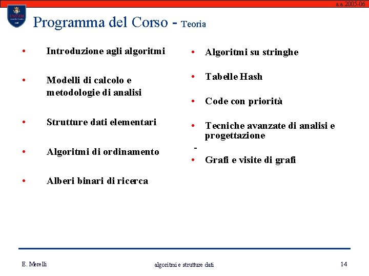 a. a. 2005 -06 Programma del Corso - Teoria • Introduzione agli algoritmi •