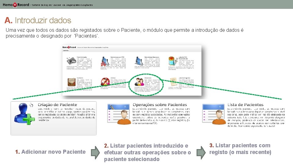 A. Introduzir dados Uma vez que todos os dados são registados sobre o Paciente,