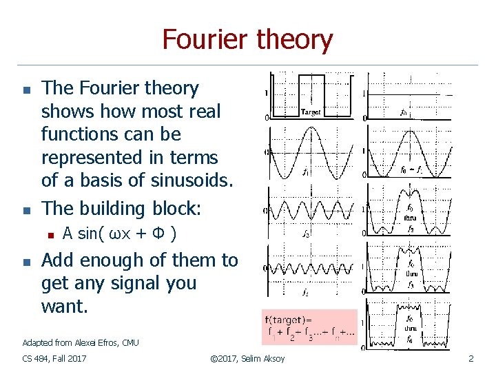 Fourier theory n n The Fourier theory shows how most real functions can be