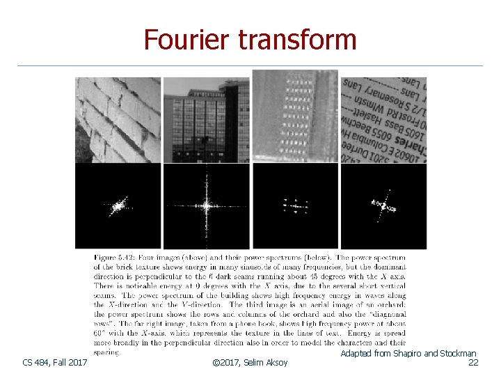 Fourier transform CS 484, Fall 2017 © 2017, Selim Aksoy Adapted from Shapiro and