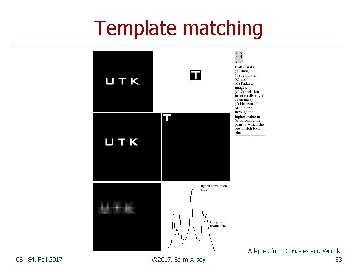 Template matching CS 484, Fall 2017 © 2017, Selim Aksoy Adapted from Gonzales and