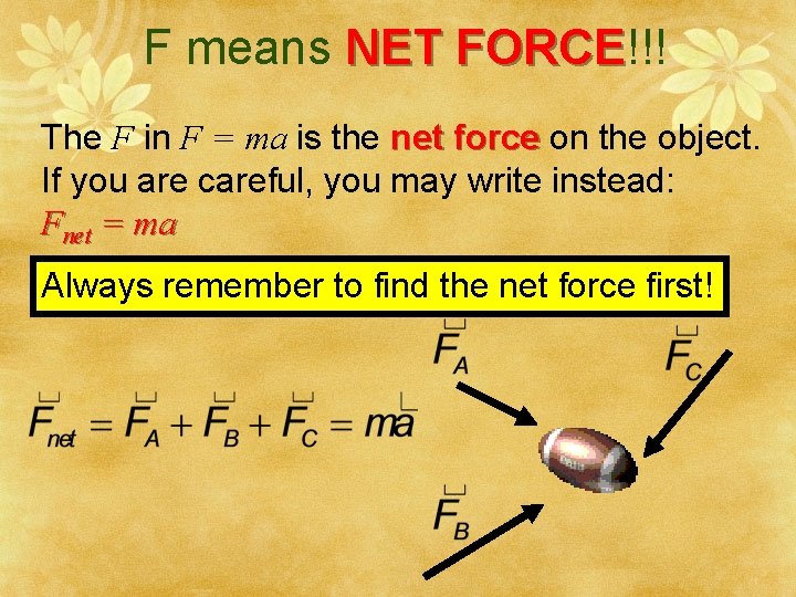 F means NET FORCE!!! FORCE The F in F = ma is the net