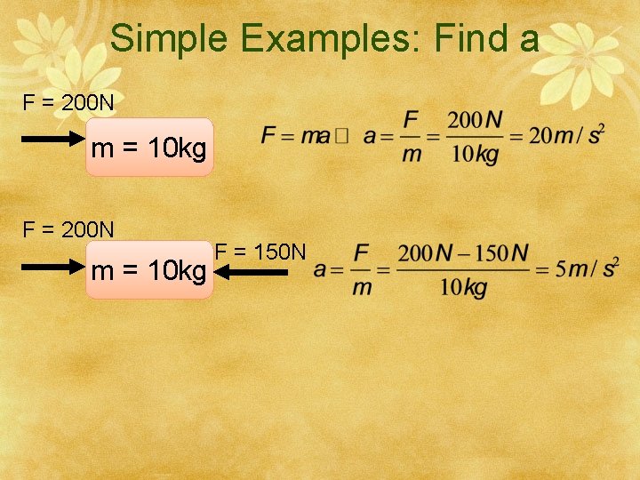 Simple Examples: Find a F = 200 N m = 10 kg F =