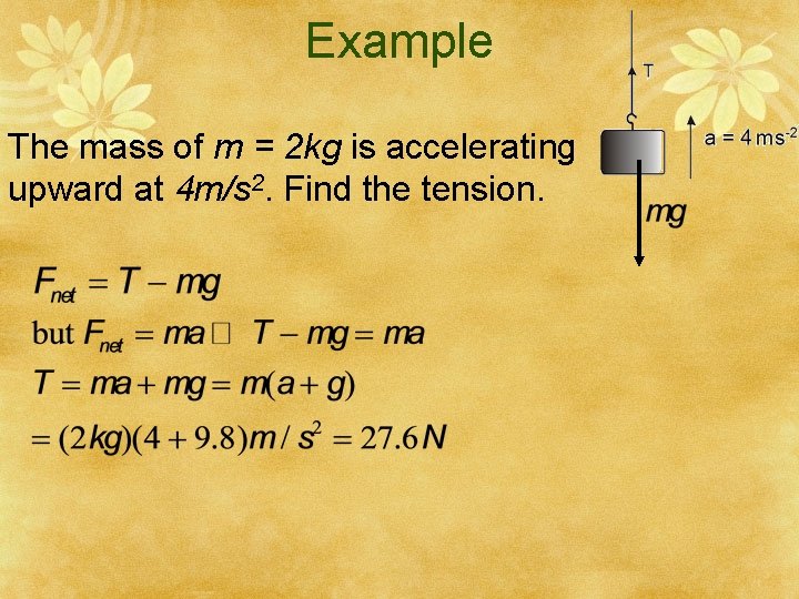 Example The mass of m = 2 kg is accelerating upward at 4 m/s