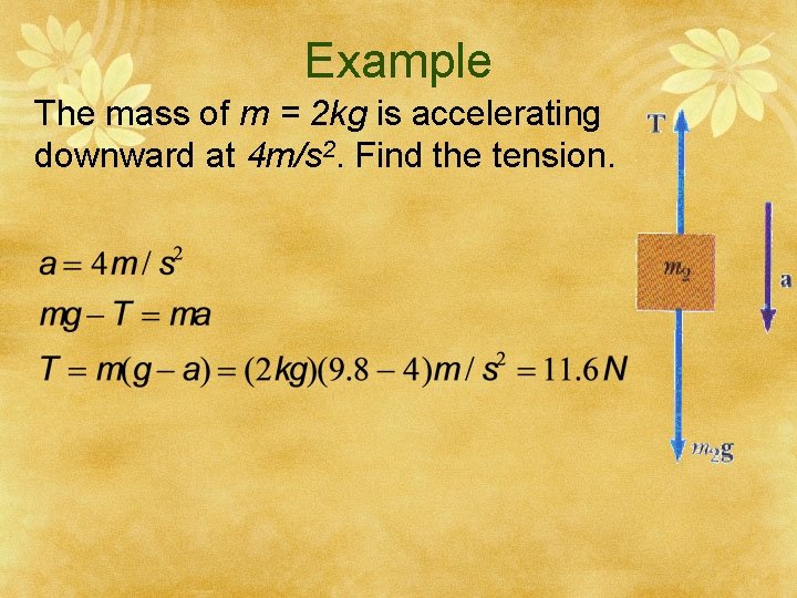 Example The mass of m = 2 kg is accelerating downward at 4 m/s