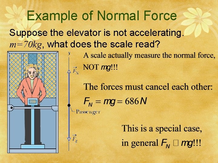 Example of Normal Force Suppose the elevator is not accelerating. m=70 kg, what does