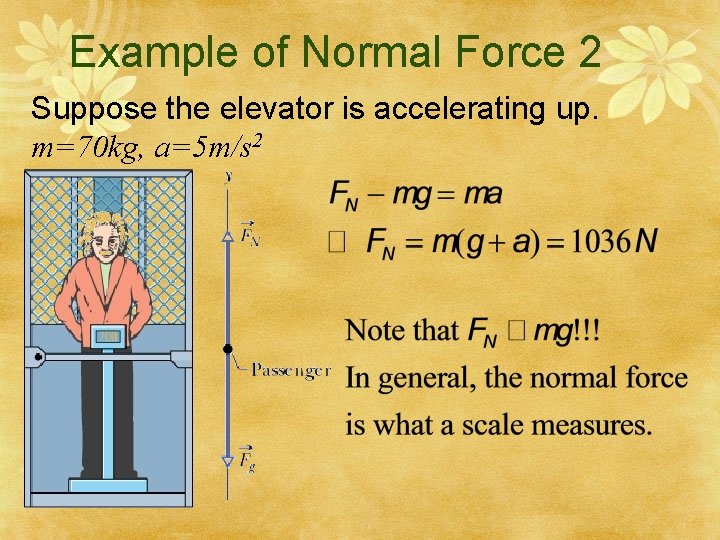 Example of Normal Force 2 Suppose the elevator is accelerating up. m=70 kg, a=5