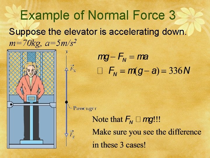 Example of Normal Force 3 Suppose the elevator is accelerating down. m=70 kg, a=5