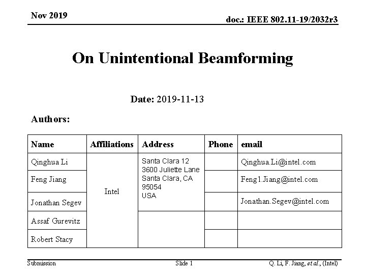 Nov 2019 doc. : IEEE 802. 11 -19/2032 r 3 On Unintentional Beamforming Date:
