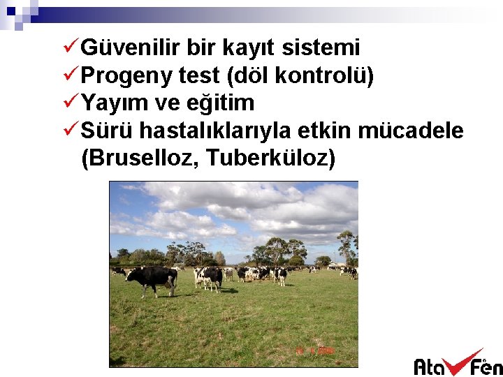 üGüvenilir bir kayıt sistemi üProgeny test (döl kontrolü) üYayım ve eğitim üSürü hastalıklarıyla etkin