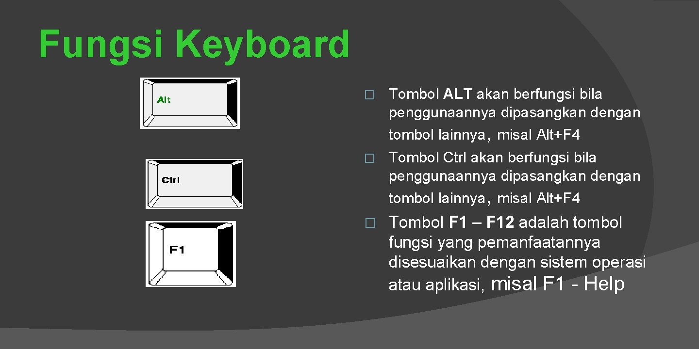 Fungsi Keyboard � Tombol ALT akan berfungsi bila penggunaannya dipasangkan dengan tombol lainnya, misal