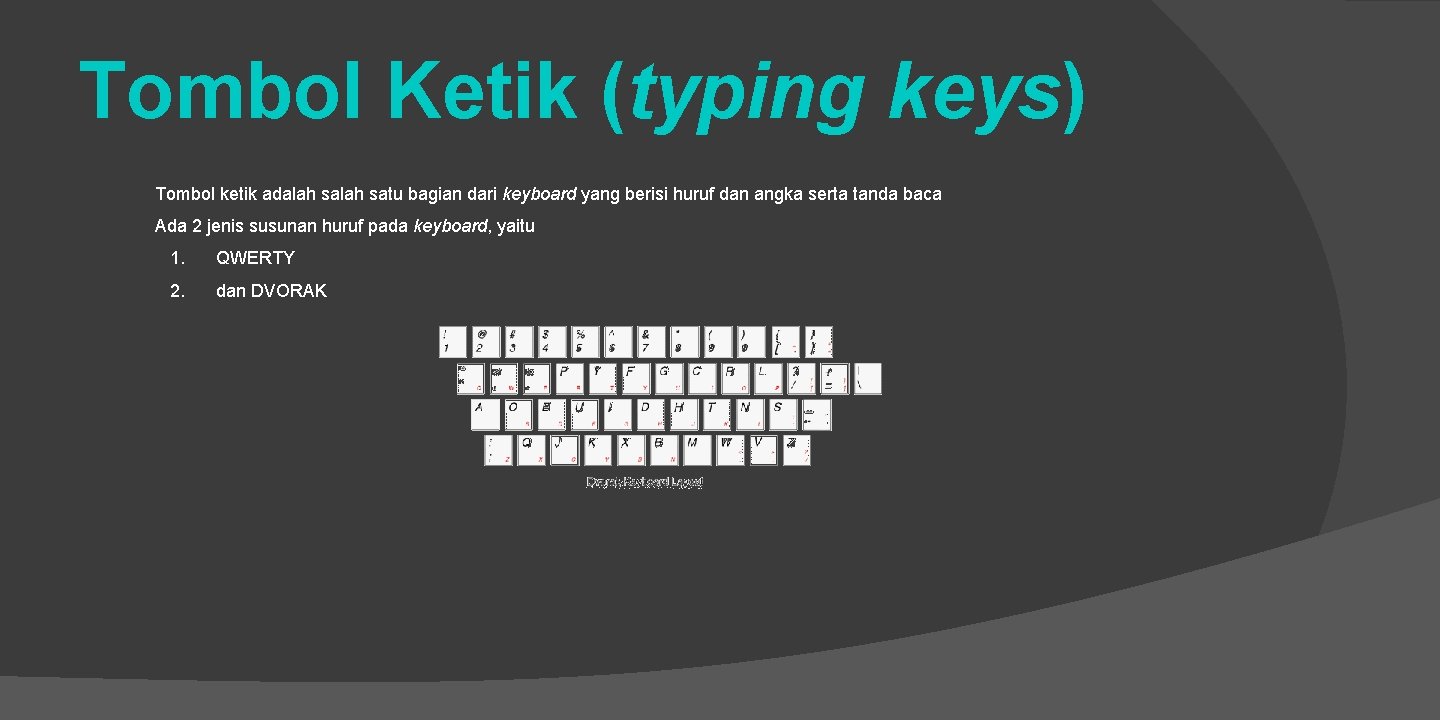 Tombol Ketik (typing keys) Tombol ketik adalah satu bagian dari keyboard yang berisi huruf