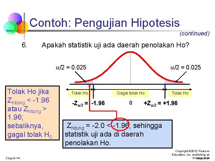 Contoh: Pengujian Hipotesis (continued) 6. Apakah statistik uji ada daerah penolakan Ho? /2 =