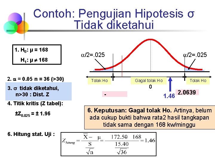 Contoh: Pengujian Hipotesis σ Tidak diketahui 1. H 0: μ = 168 H 1: