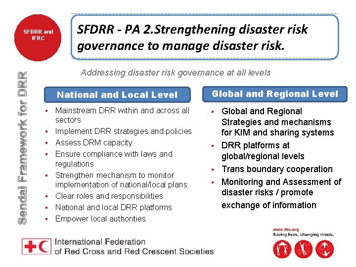 SFDRR and IFRC SFDRR - PA 2. Strengthening disaster risk governance to manage disaster