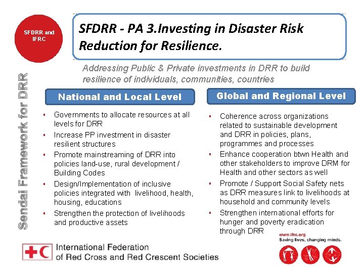 SFDRR and IFRC SFDRR - PA 3. Investing in Disaster Risk Reduction for Resilience.