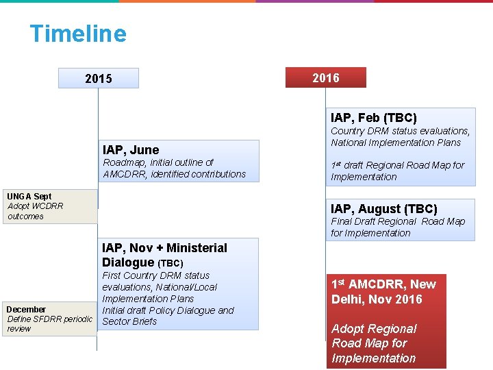 Timeline 2015 2016 IAP, Feb (TBC) IAP, June Roadmap, initial outline of AMCDRR, identified