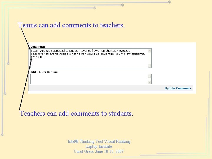Teams can add comments to teachers. Teachers can add comments to students. Intel® Thinking