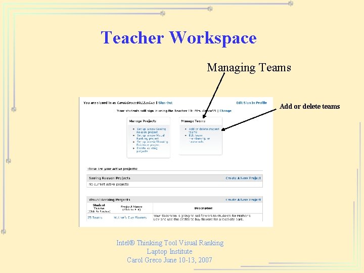 Teacher Workspace Managing Teams Add or delete teams Intel® Thinking Tool Visual Ranking Laptop