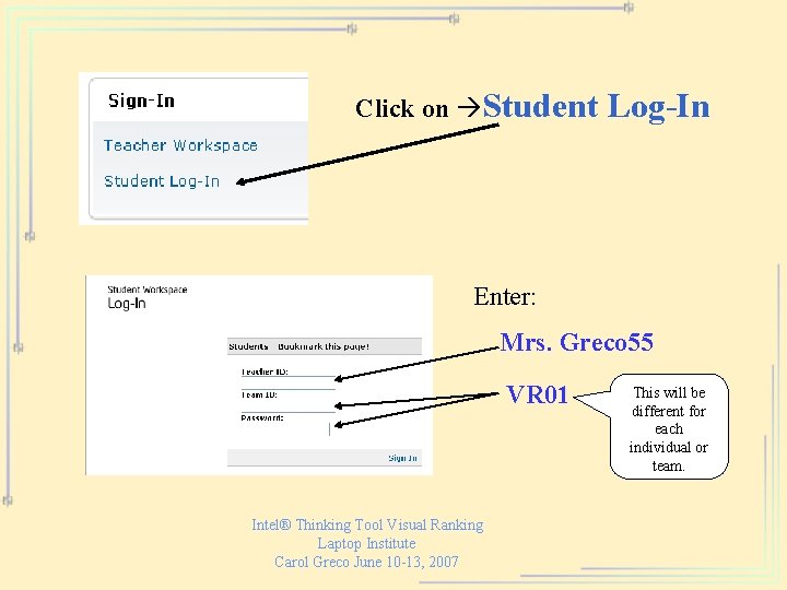 Click on Student Log-In Enter: Mrs. Greco 55 VR 01 Intel® Thinking Tool Visual