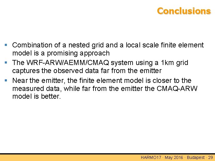 Conclusions Combination of a nested grid and a local scale finite element model is