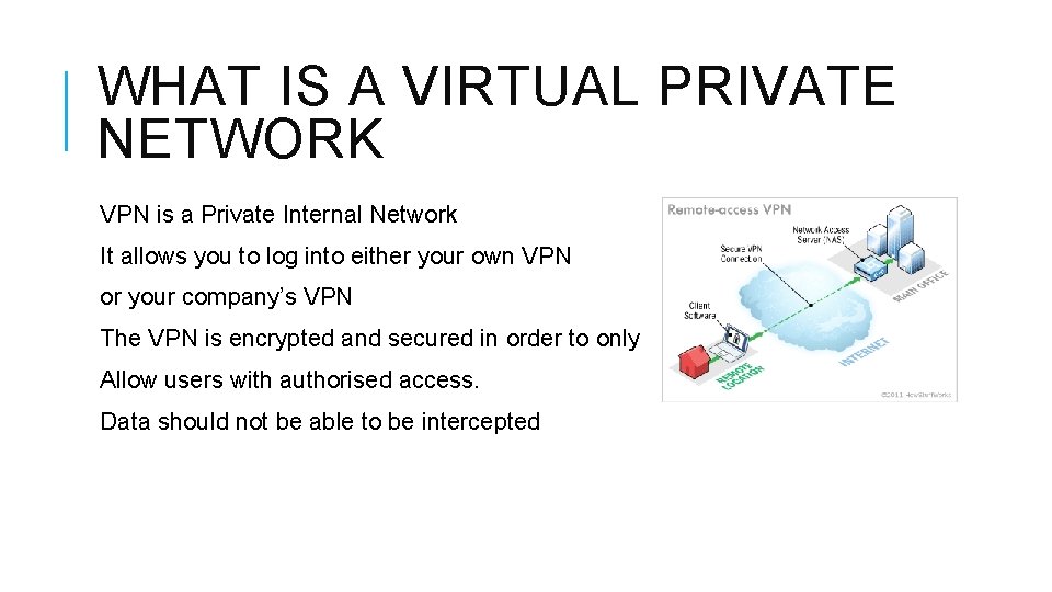 WHAT IS A VIRTUAL PRIVATE NETWORK VPN is a Private Internal Network It allows