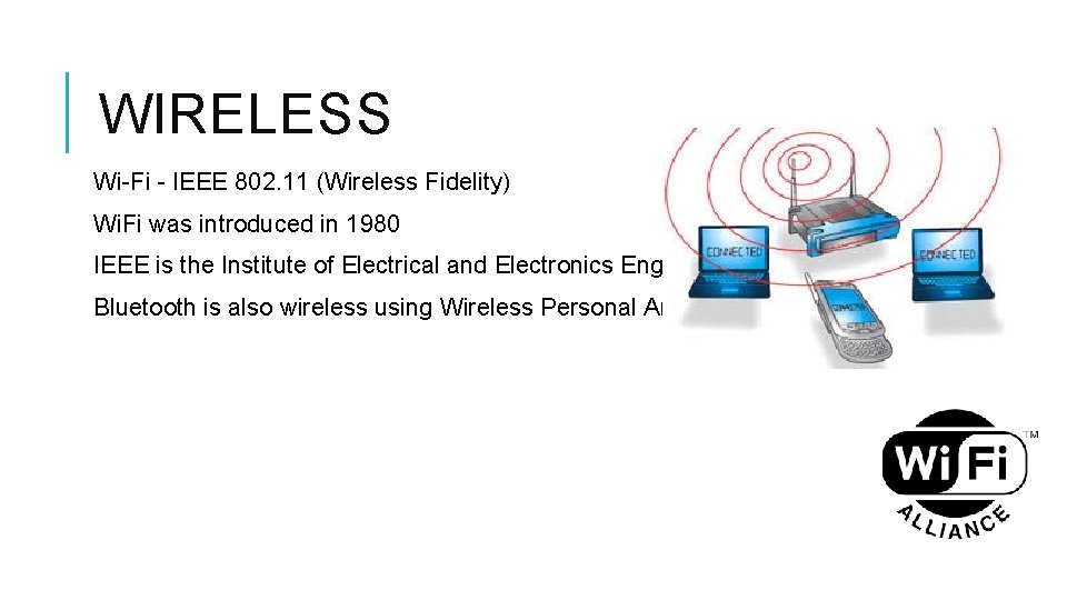 WIRELESS Wi-Fi - IEEE 802. 11 (Wireless Fidelity) Wi. Fi was introduced in 1980