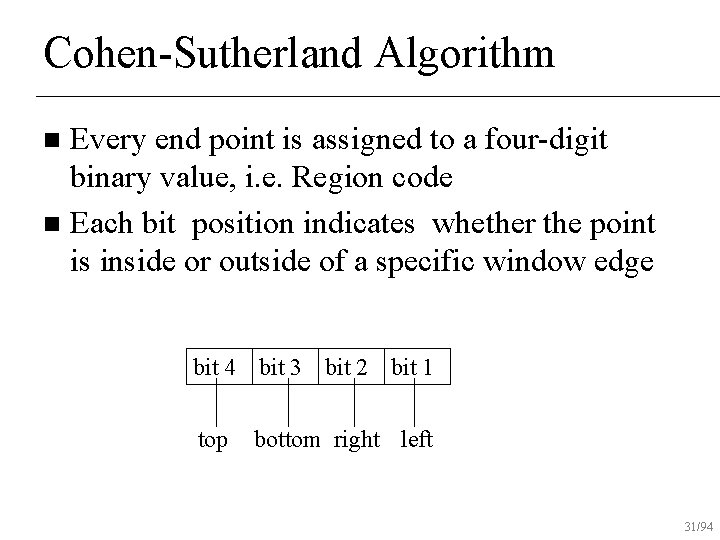 Cohen-Sutherland Algorithm Every end point is assigned to a four-digit binary value, i. e.