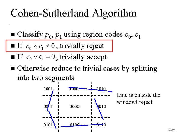 Cohen-Sutherland Algorithm Classify p 0, p 1 using region codes c 0, c 1